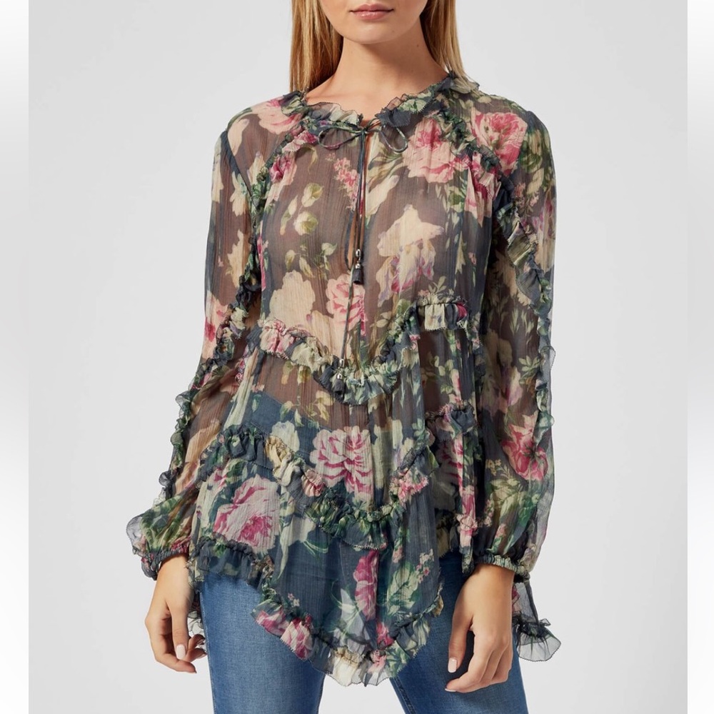 Zimmermann Iris 100% Silk Floral Ruffle 3/4 sleeve Blouse Zimmermann size 0